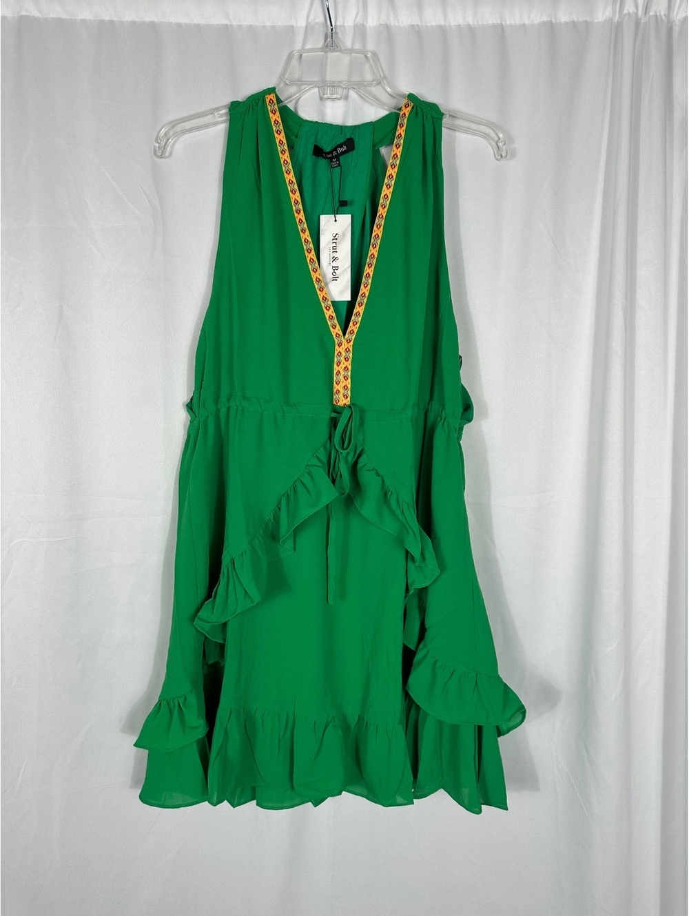 Strut & Bolt Emerald Green Ruffle Dress with Embroidered Trim, Medium